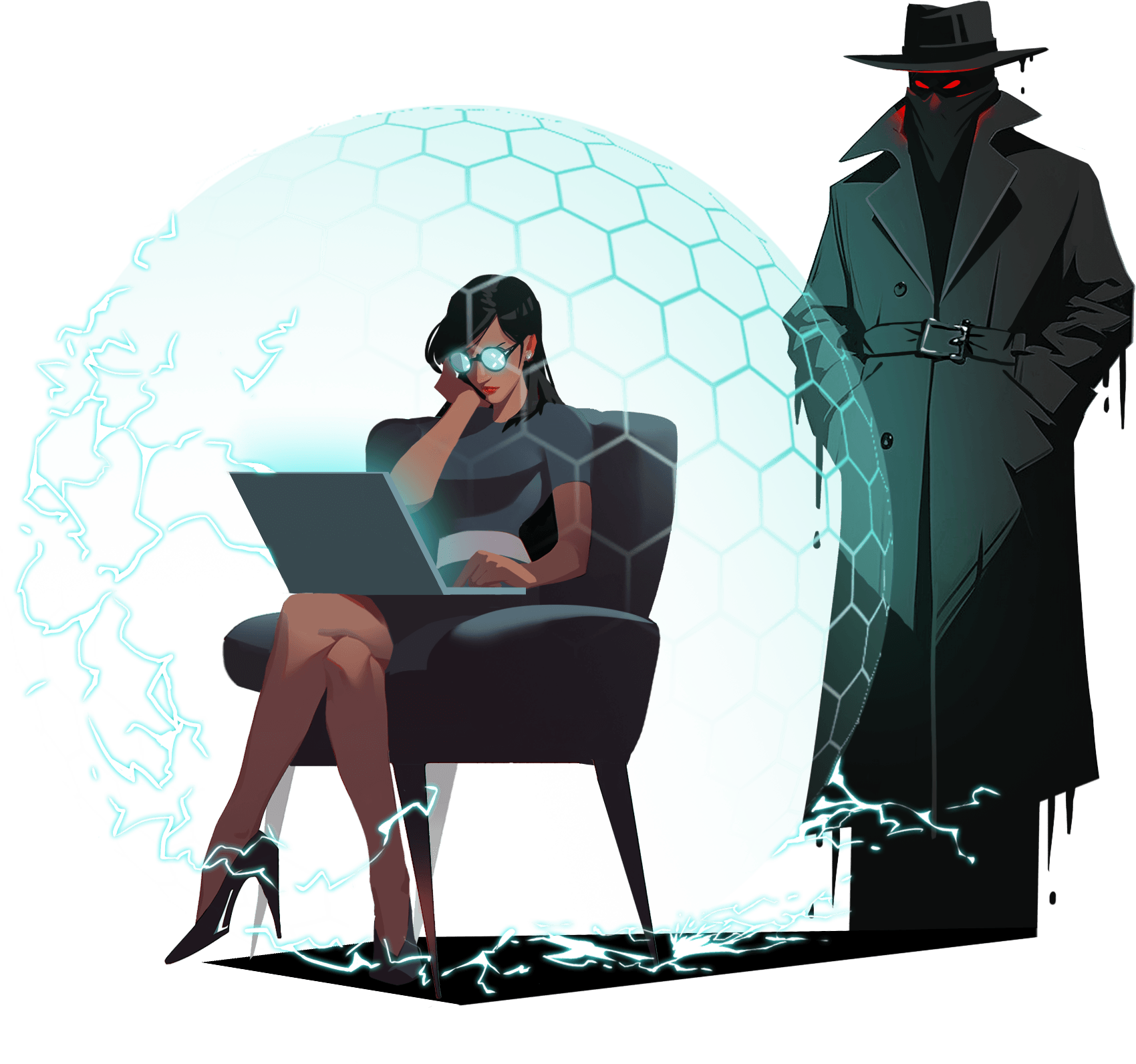 A person protected by an encrypted shield while using a laptop