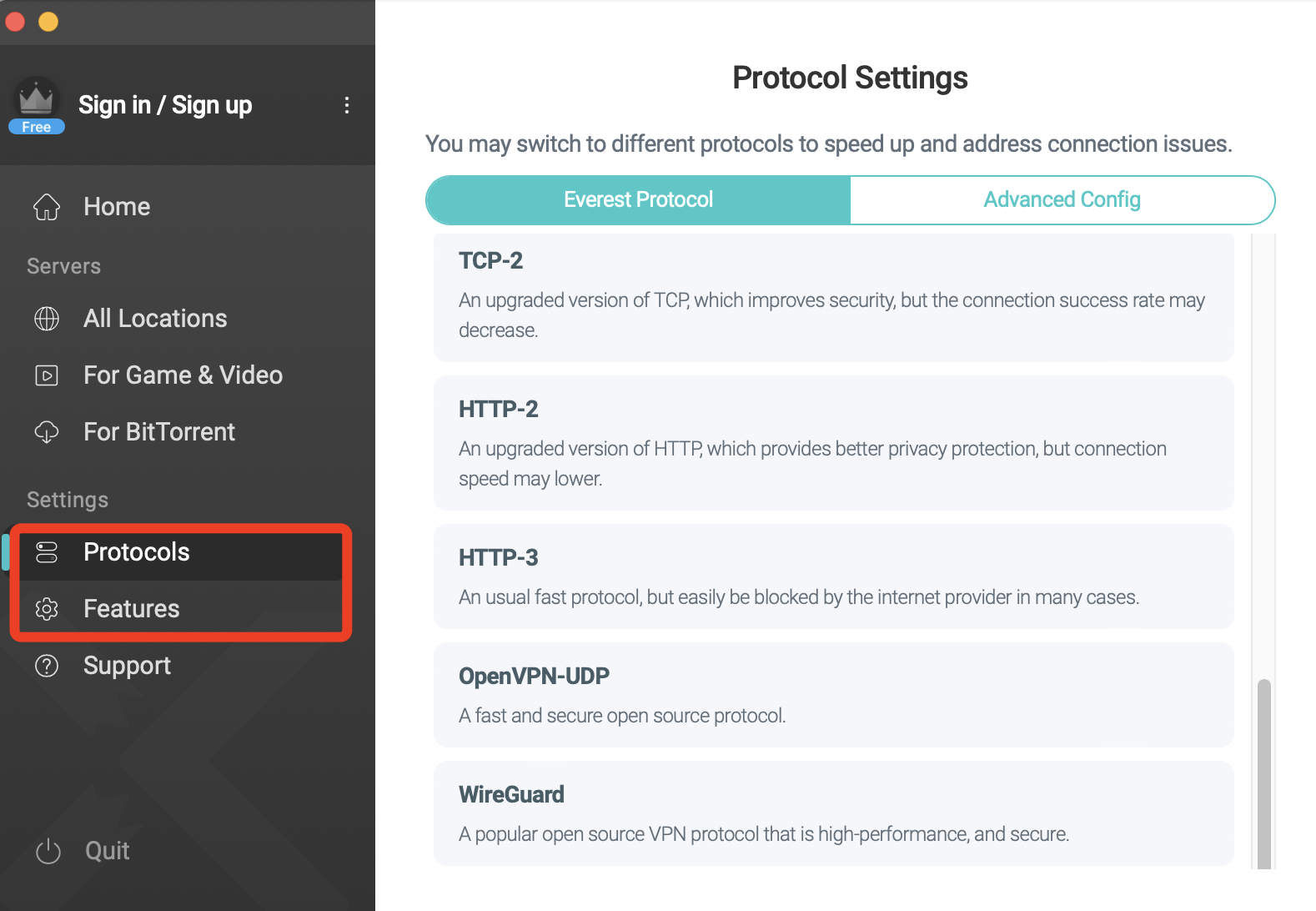 select a vpn protocol and features