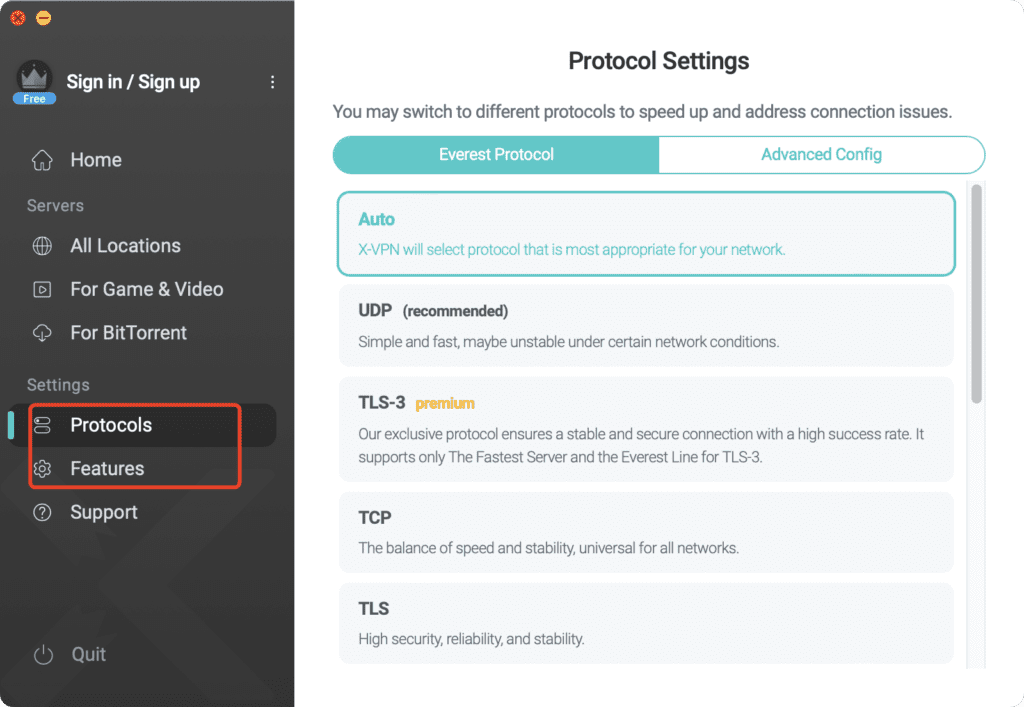 X-VPN Protocol Choosen Interface