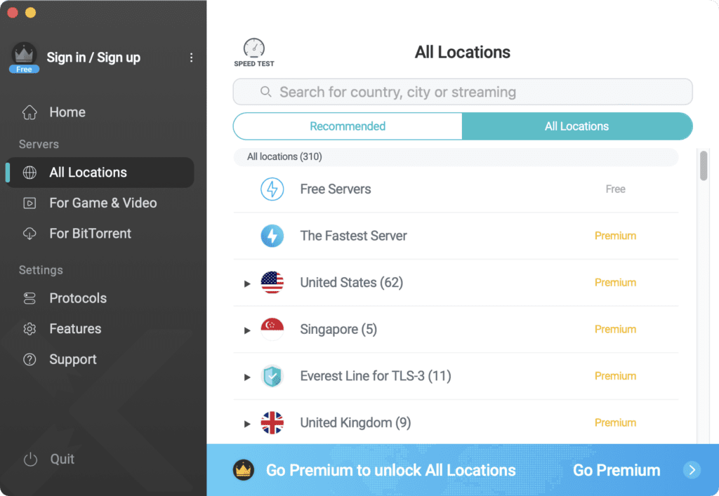 X-VPN Server Selection Interface