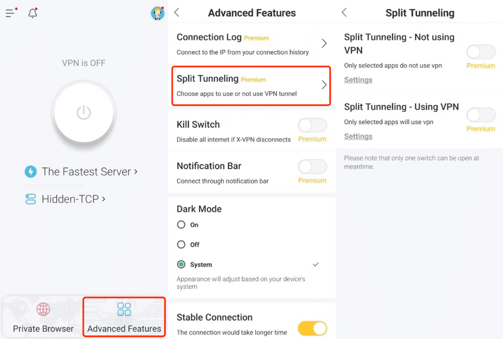 X-VPN's split tunneling interface