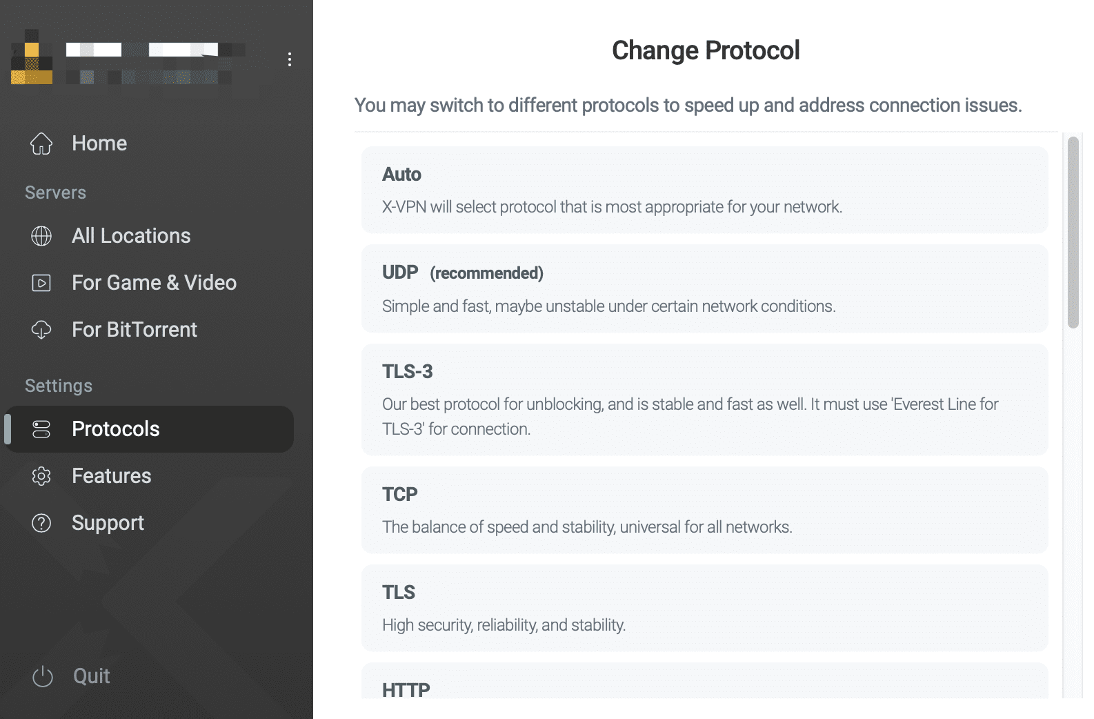 choose protocol on xvpn