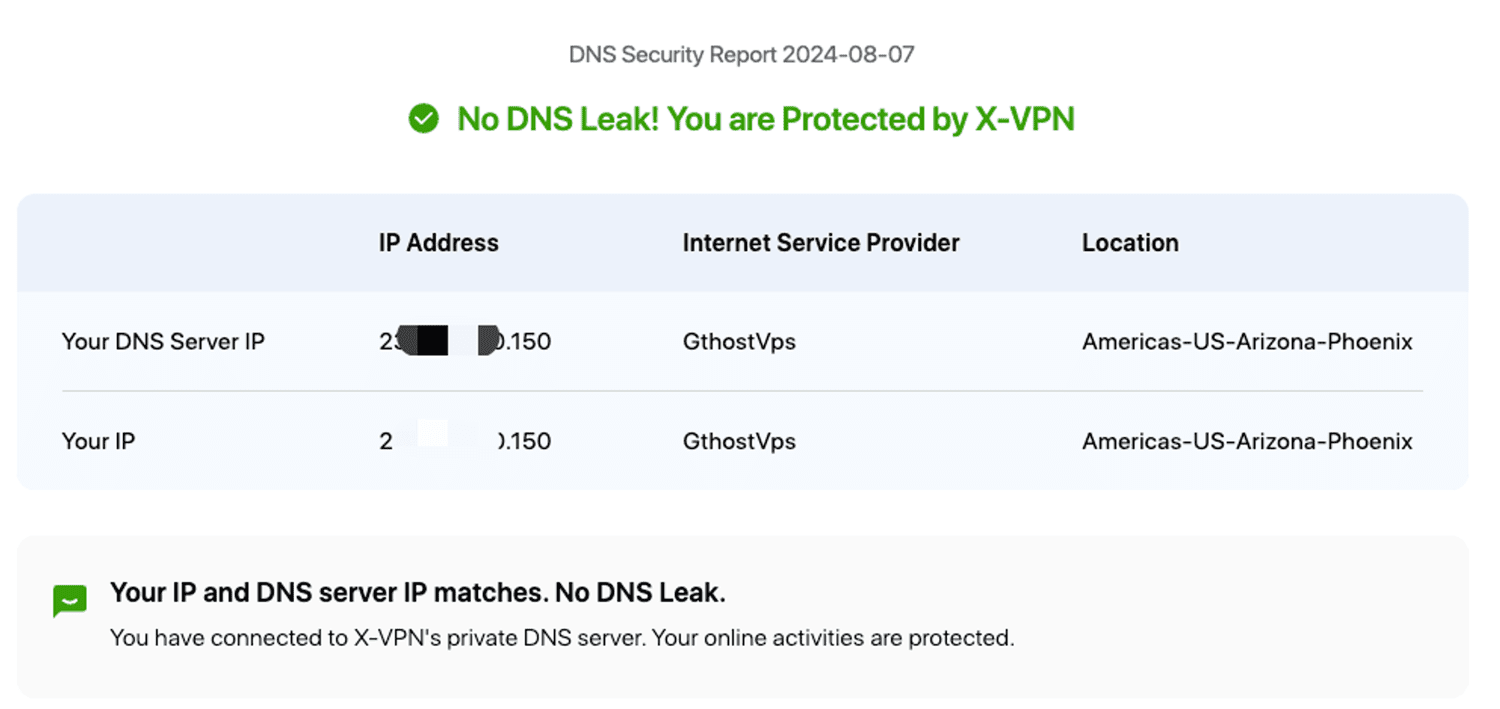 X-VPN's DNS leak test tool