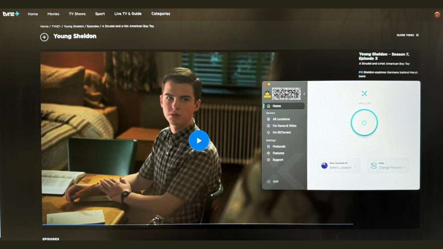 Young Sheldon on TVNZ+ with X-VPN