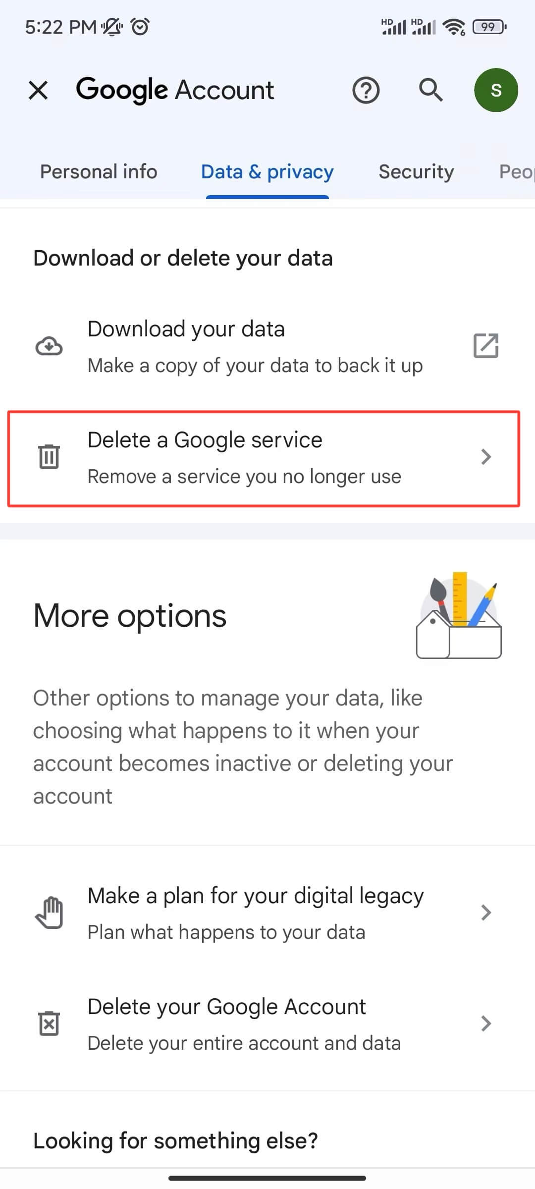 choose delete a google service