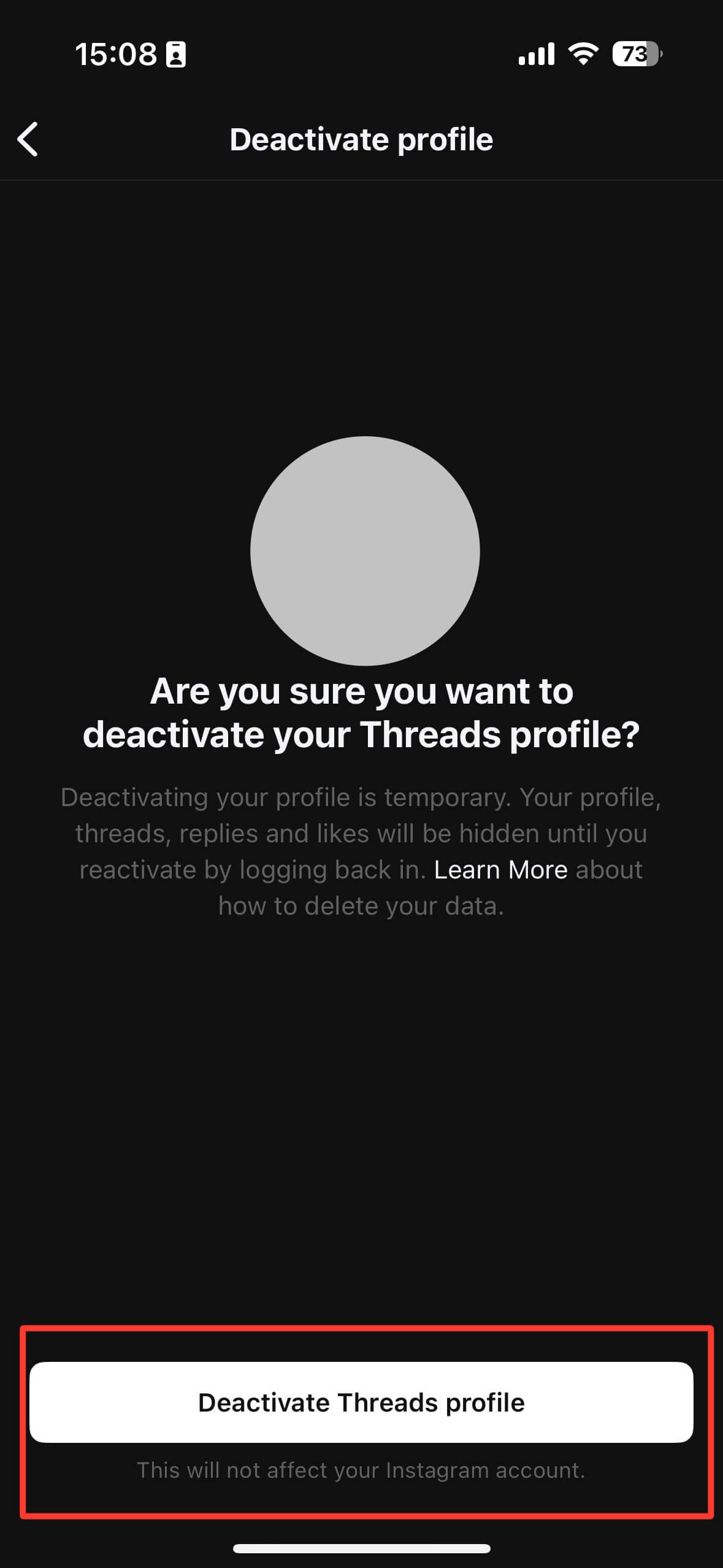 click on deactivate threads profile button