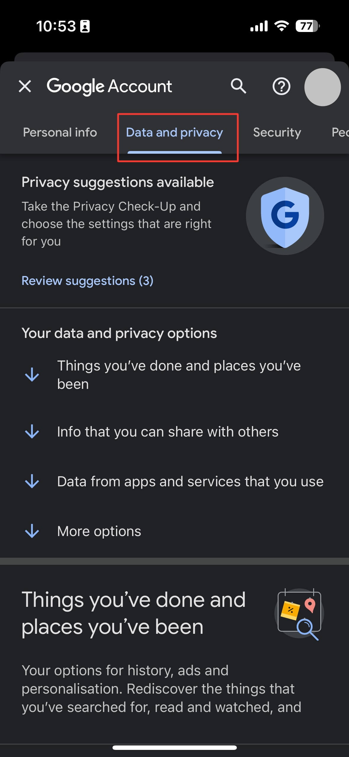 select data and privacy option