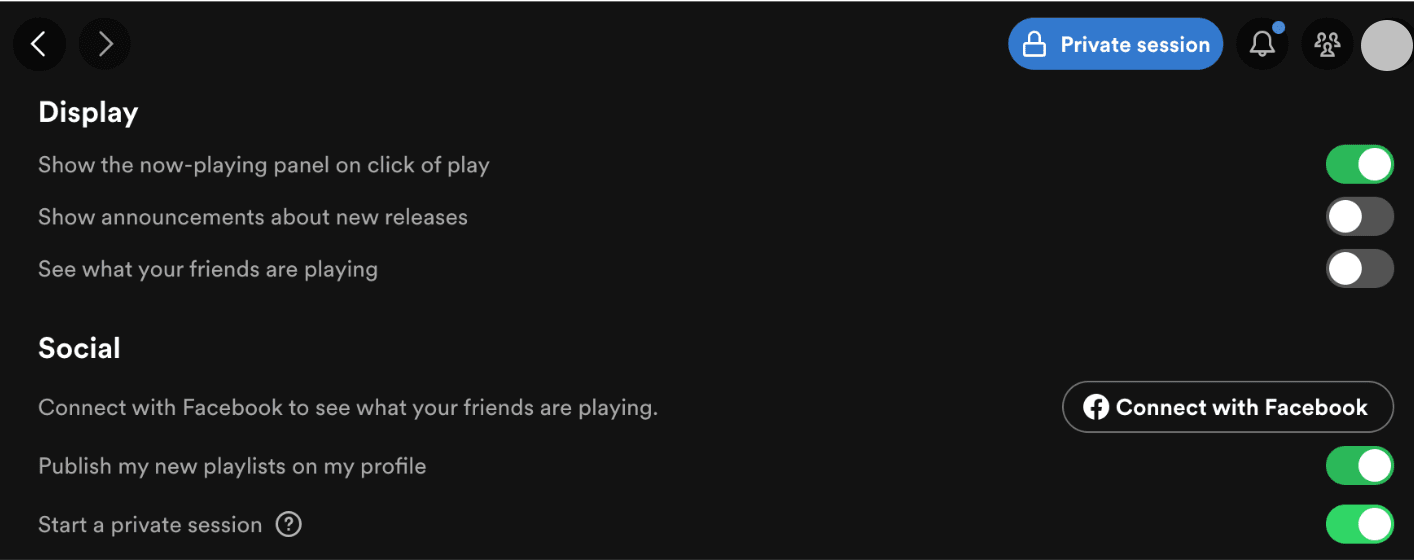 Spotify Private Session, display