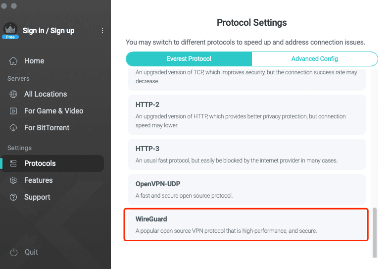 select wireguard on xvpn