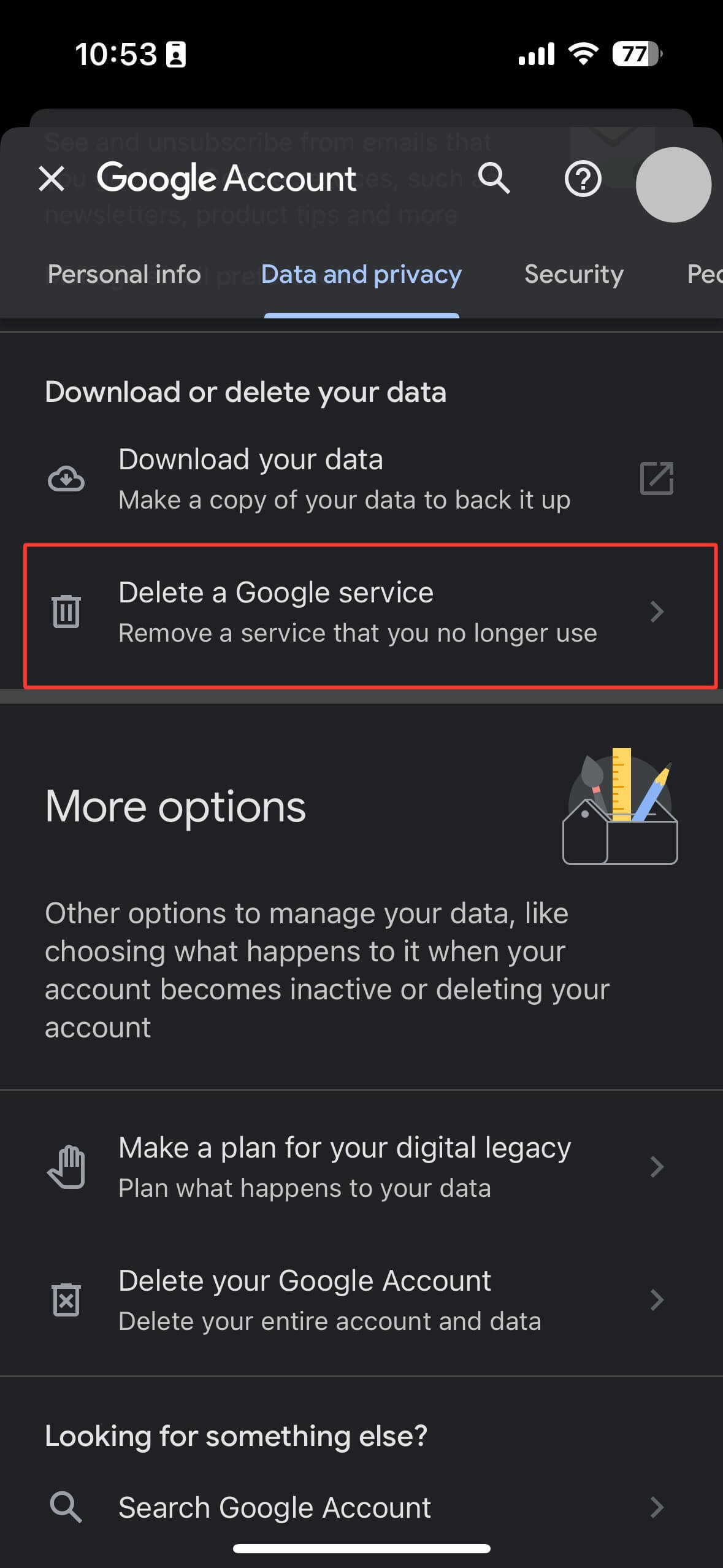 tap delete a google service