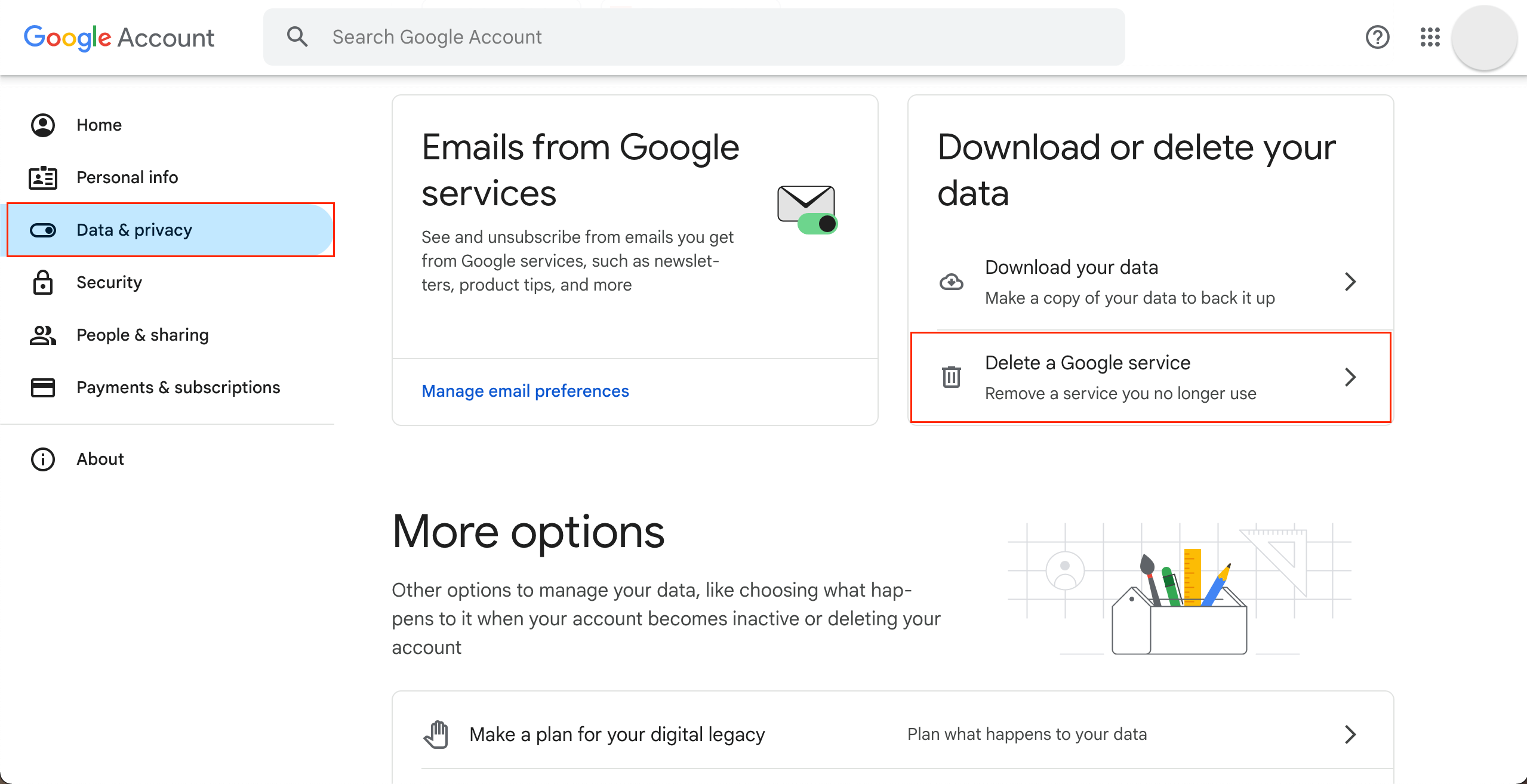 select delete a google service