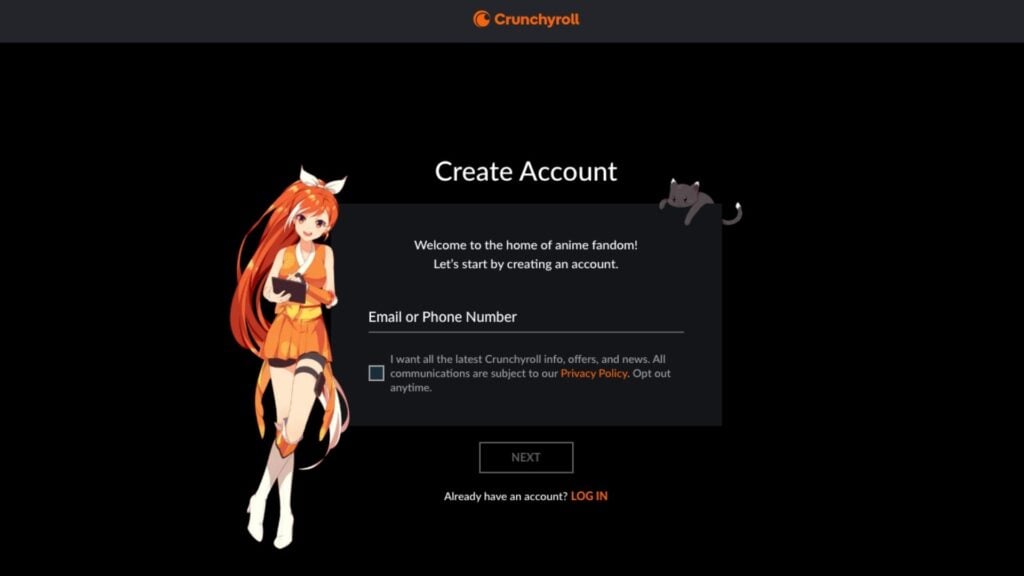 Crunchyroll, create account