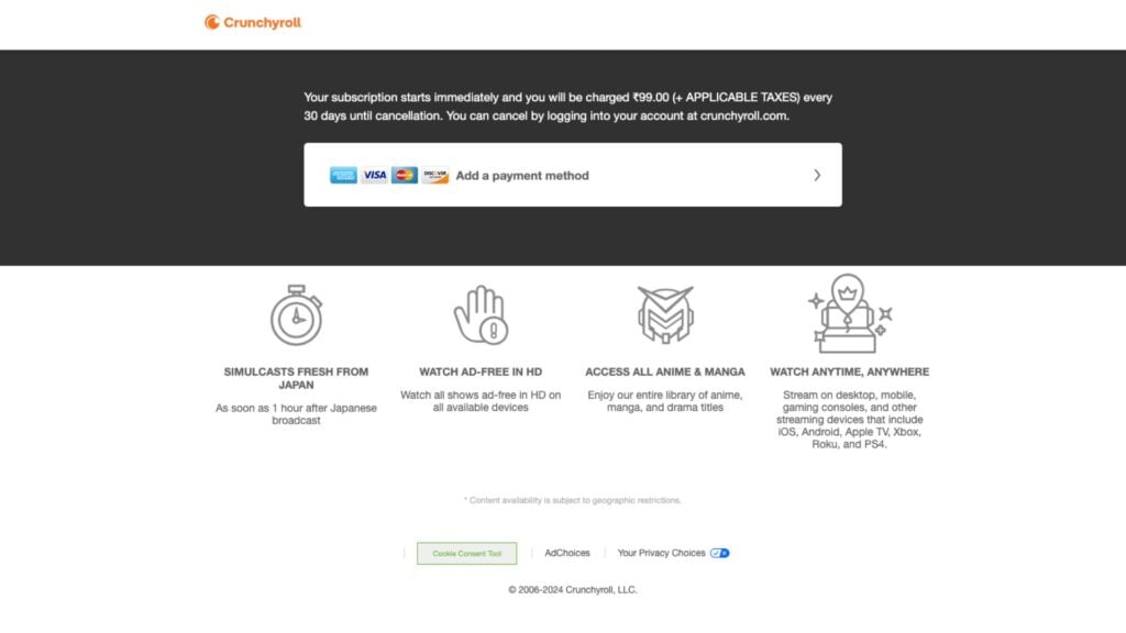 Crunchyroll, india payment