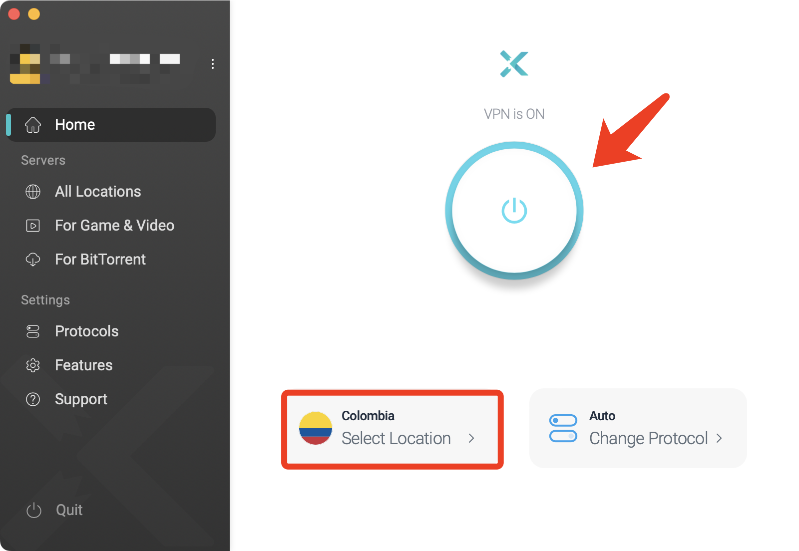 connect to a colombia server via xvpn