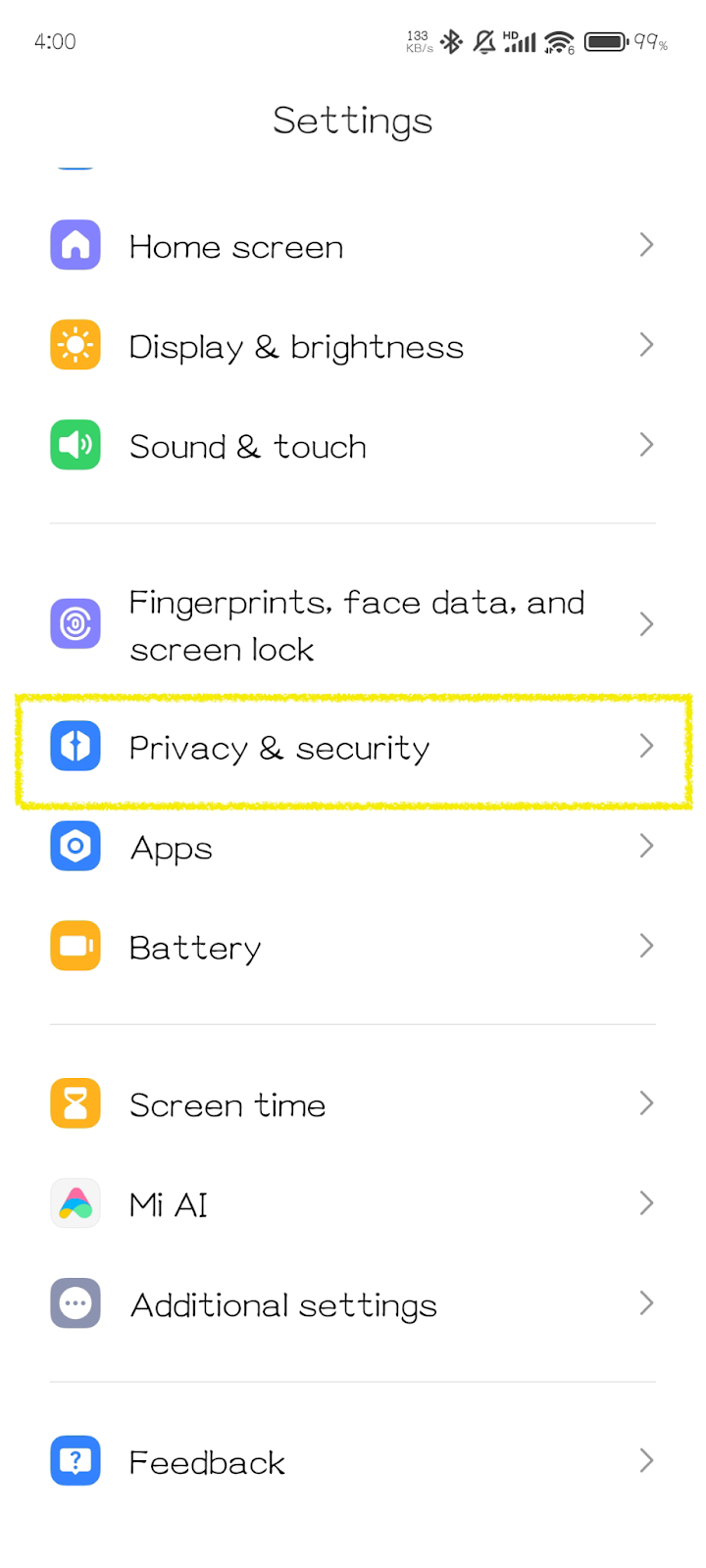 Open the Settings > Privacy & Security