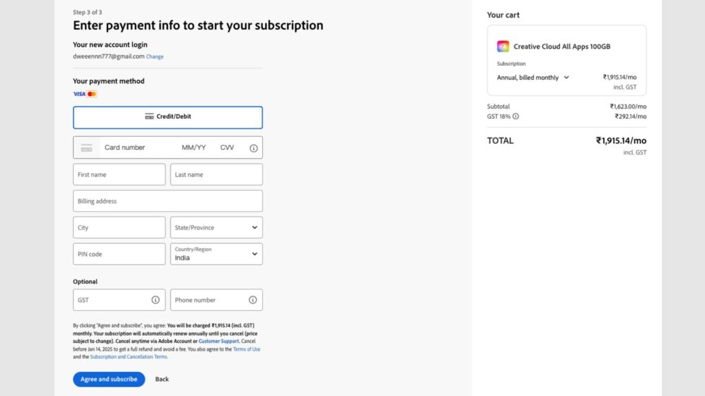 Adobe Creative Cloud, india payment info