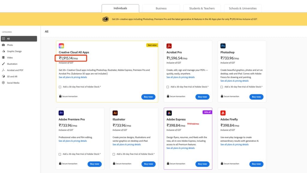 Adobe Creative Cloud india price