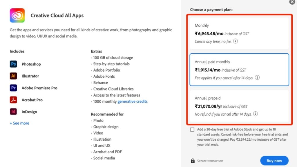 Adobe creative cloud, india payment plans