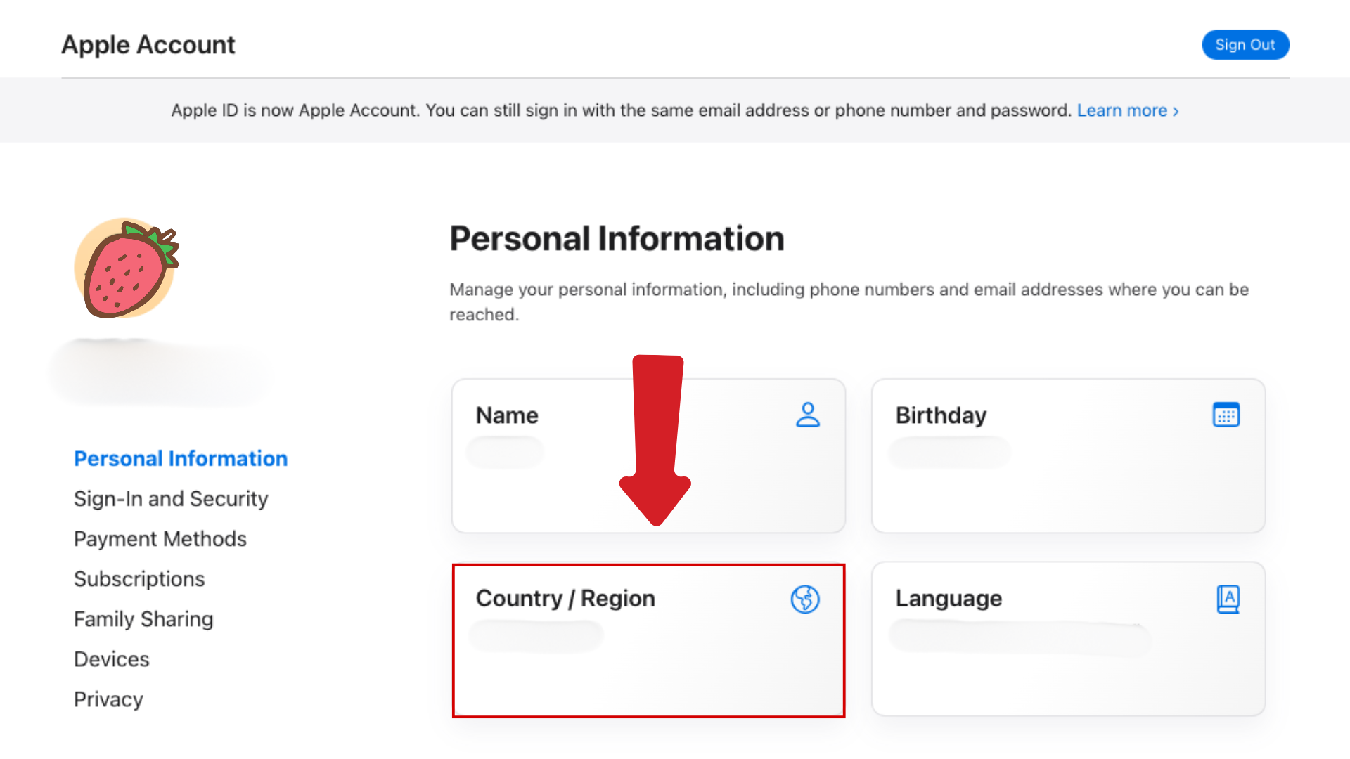 choose the country/region option on web