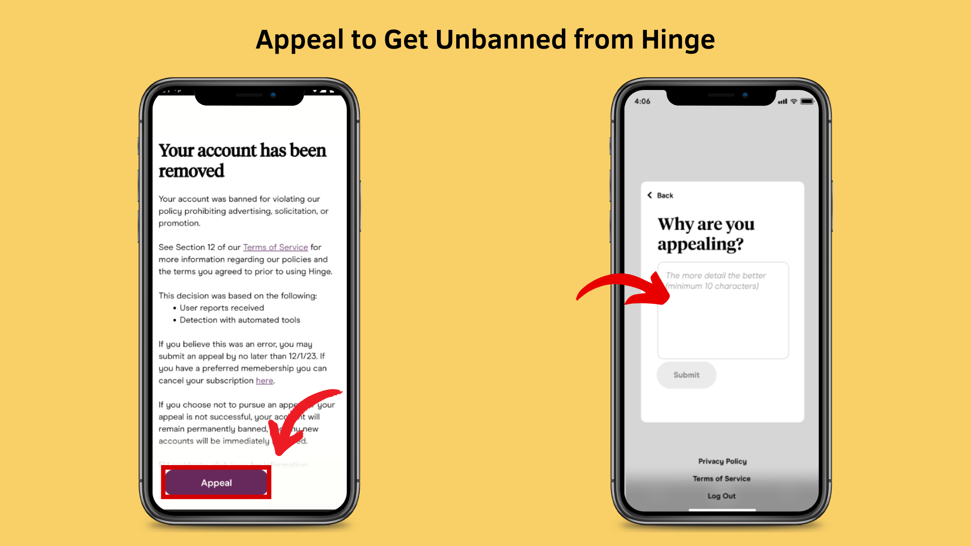 appeal to get unbanned from hinge