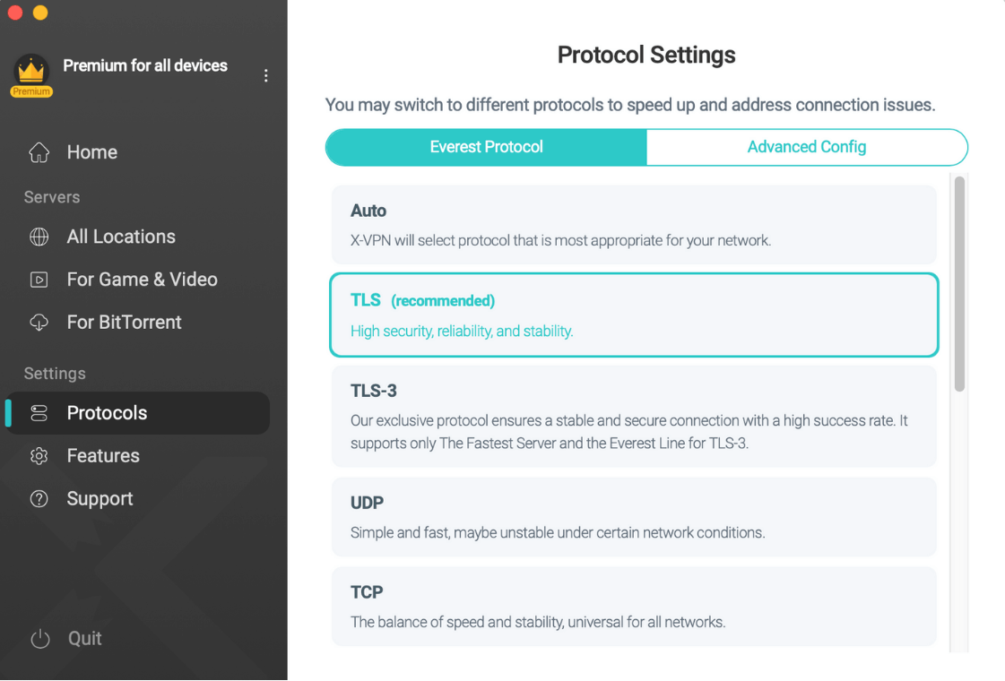 Obfuscate Traffic with X-VPN Everest TLS Protocol