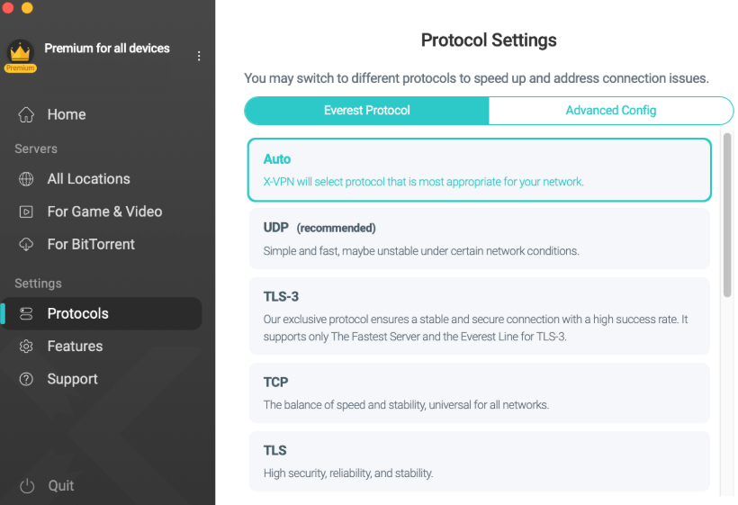 X-VPN Auto Select the Most Appropriate Protocol