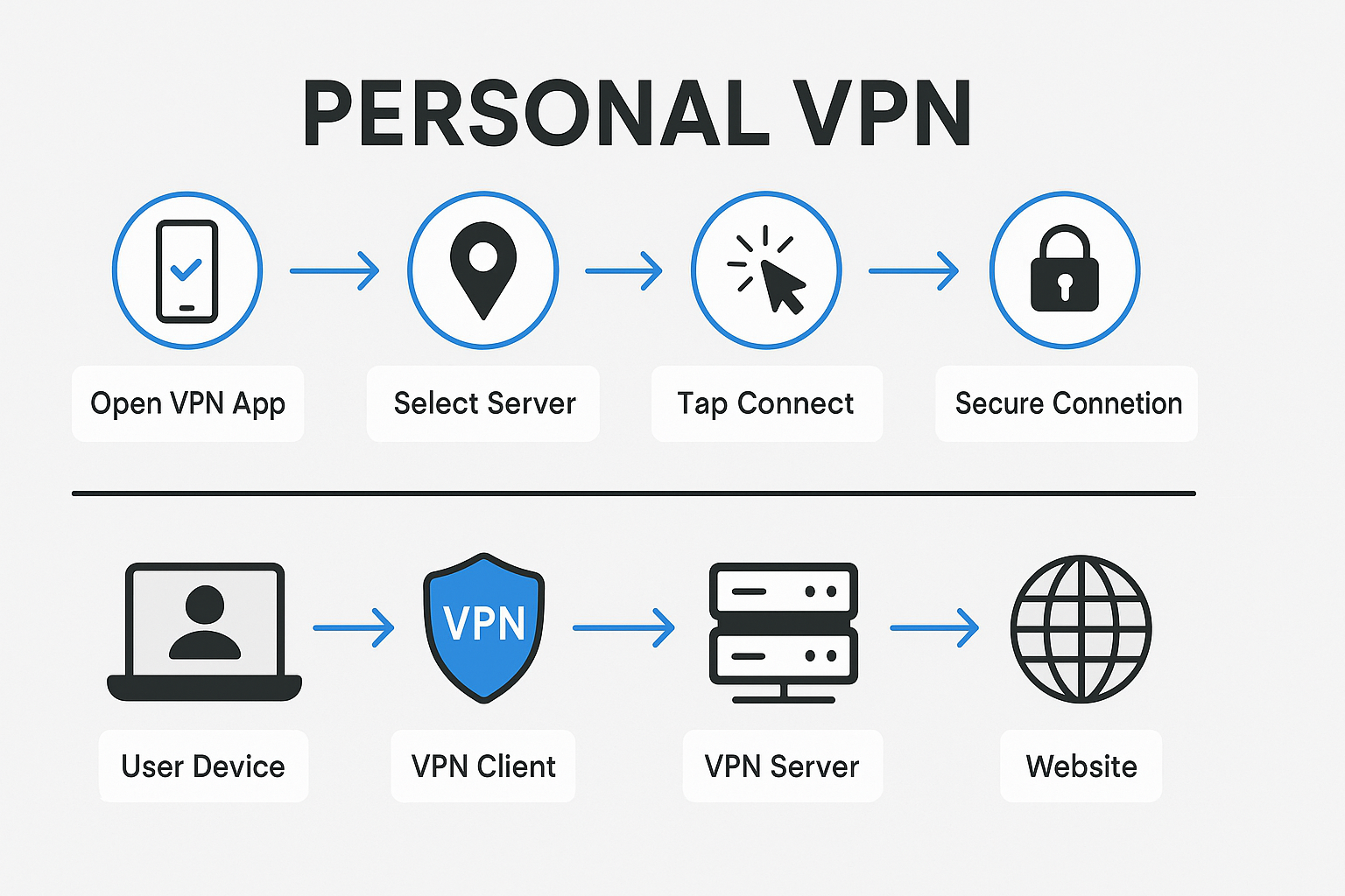 Infographic of Personal VPN workflow showing user steps from opening a VPN app, selecting a server, connecting, and establishing a secure connection, alongside technical flow from user device through VPN client to VPN server and website.