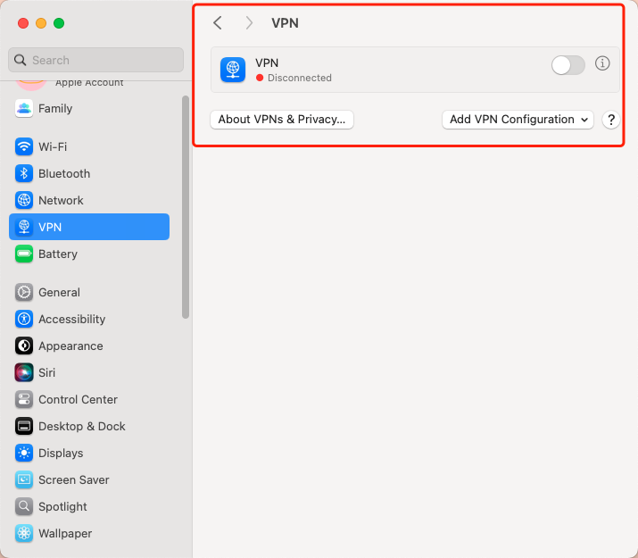 turn off VPN through the system settings on macOS Ventura or Sonoma