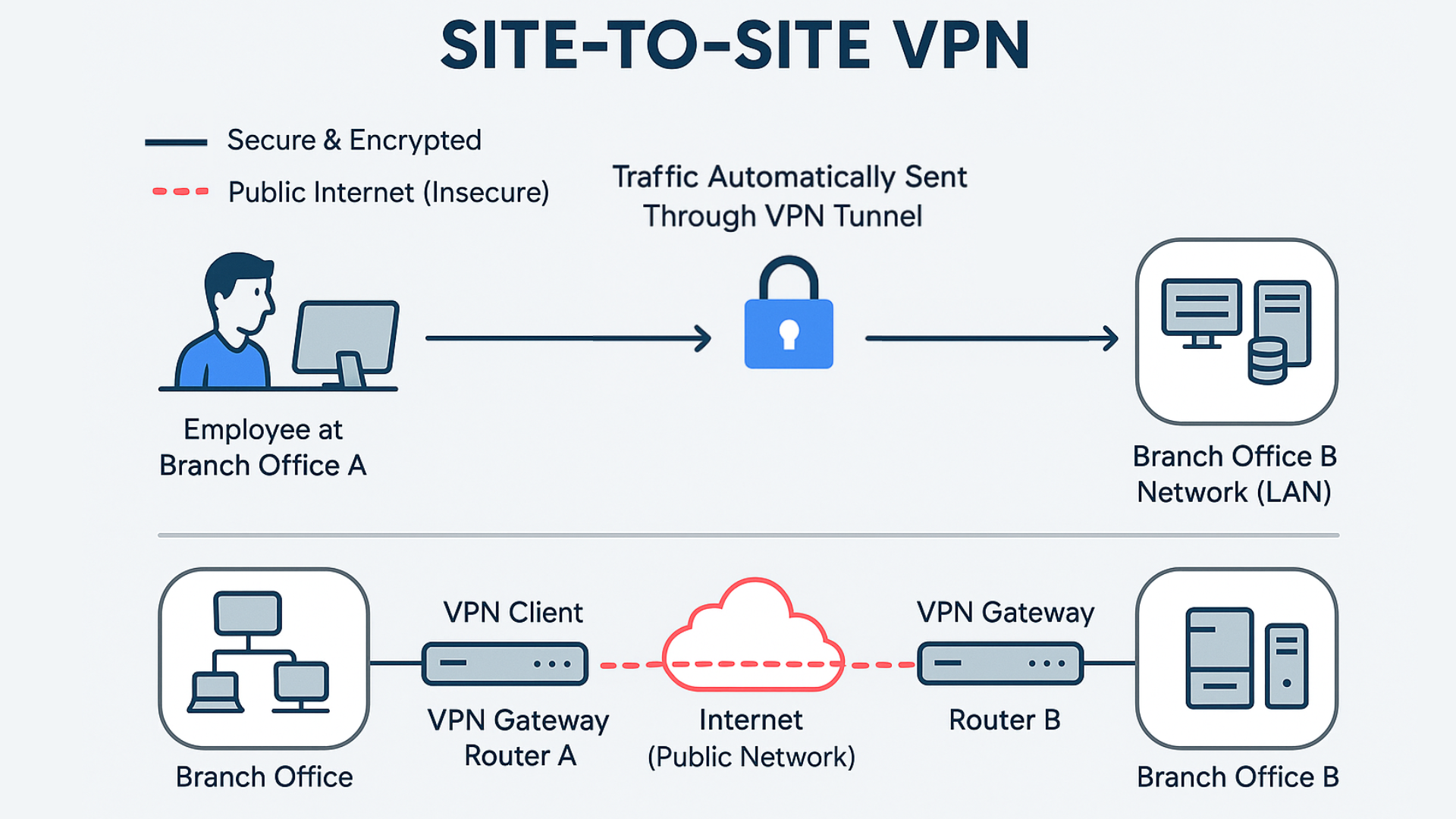 Site-to-Site VPN diagram showing user perspective of an employee at Branch Office A accessing resources at Branch Office B through a secure VPN tunnel, and technical data flow between two office LANs connected by VPN gateways over the public Internet with encryption.