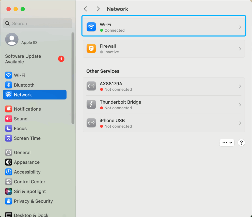Choose your active connection (usually Wi-Fi), then click Details or Advanced