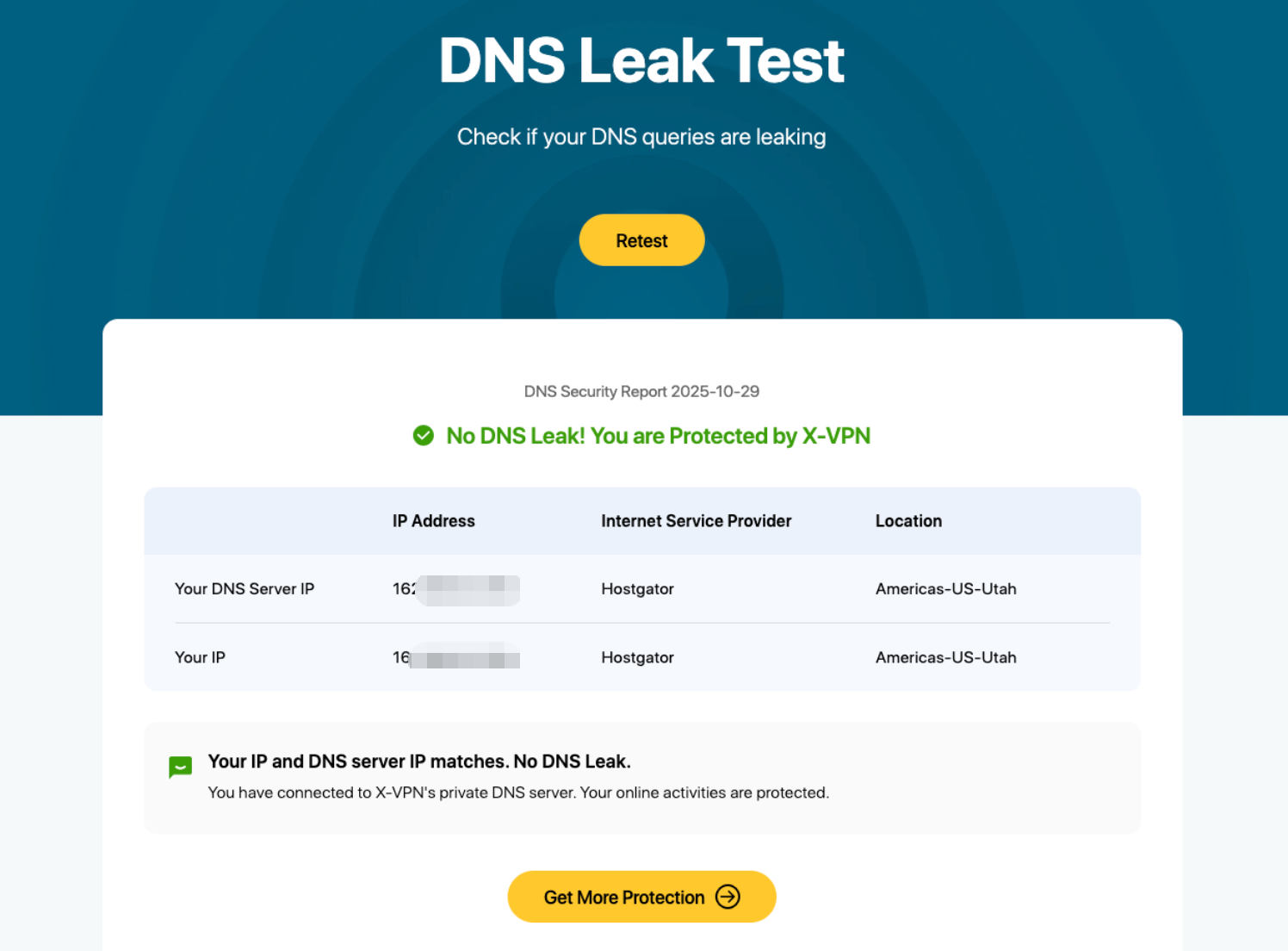 the dns leak test result of using xvpn
