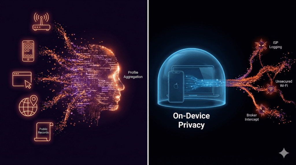 A two-panel infographic. Left panel titled 'Profile Aggregation' shows various data sources feeding into a digital human head. Right panel shows an iPhone and MacBook protected by an 'On-Device Privacy' bubble, but data streams leaving the bubble are attacked by 'ISP Logging,' 'Unsecured Wi-Fi,' and 'Broker Intercept.