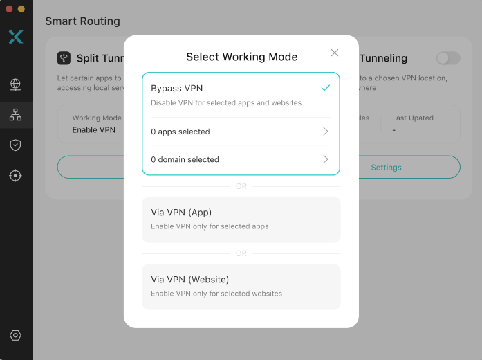 Select split tunneling working mode