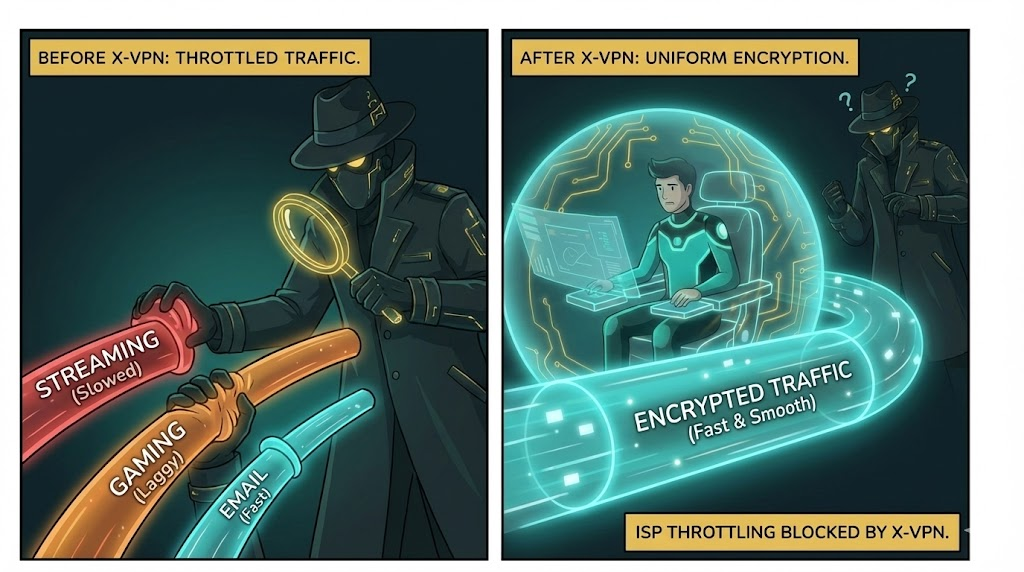 Comic illustrating how X-VPN encryption prevents ISPs from throttling streaming and gaming traffic.