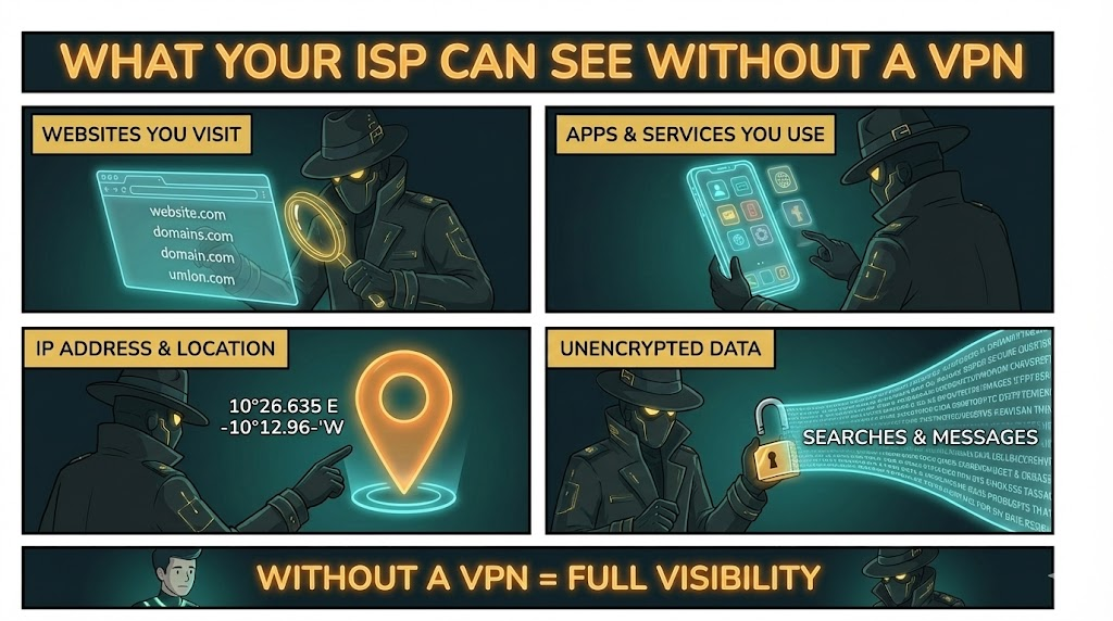 Infographic showing what ISPs can see with and without a VPN.