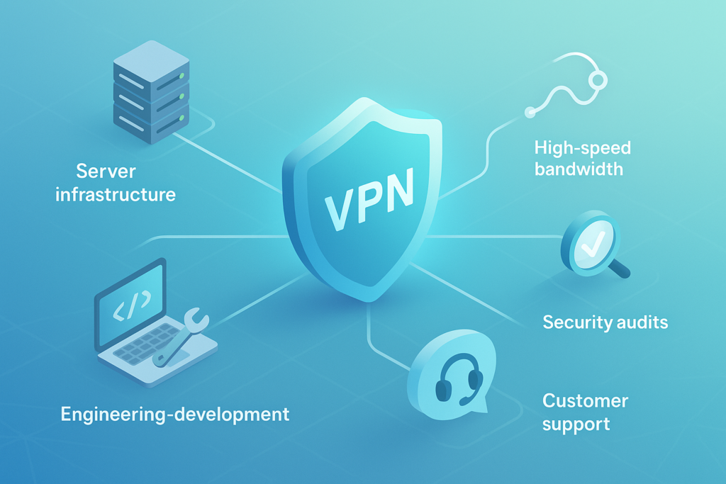 VPN shield with surrounding icons symbolizing servers, bandwidth, engineering, security, and support, representing the hidden costs of operating a VPN network.