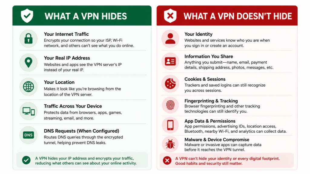  what a VPN hides and doesn't hide