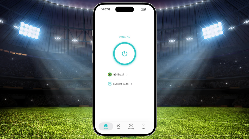 X-VPN connected to the Brazil server on the Soccer 2026 line, showing VPN is ON.