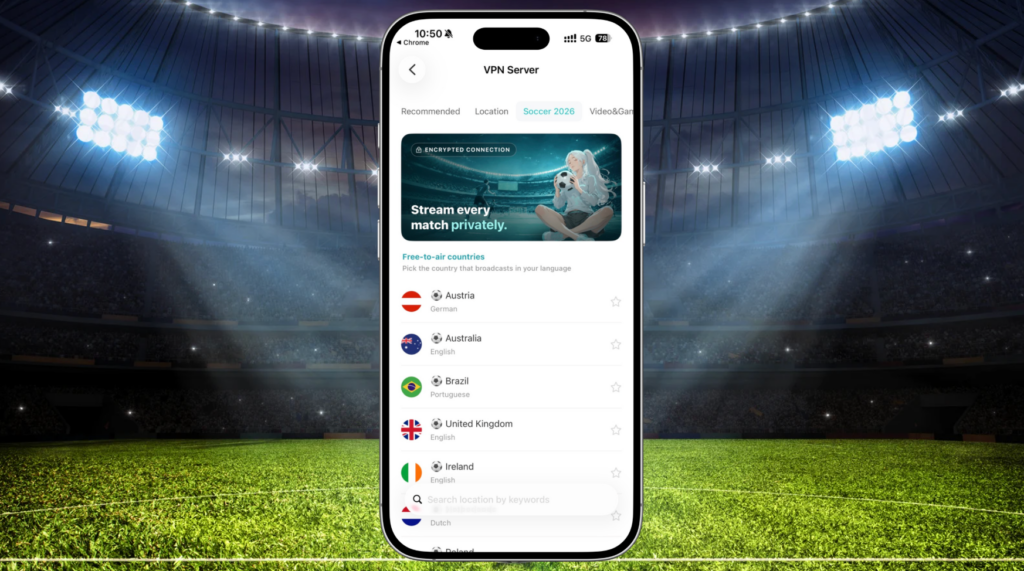 X-VPN Soccer 2026 server tab listing free-to-air countries with their broadcast languages, including Austria, Australia, Brazil, the UK, and Ireland.