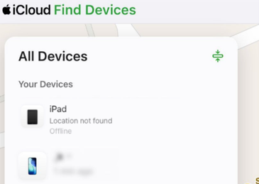 iCloud Find Devices page showing a device list