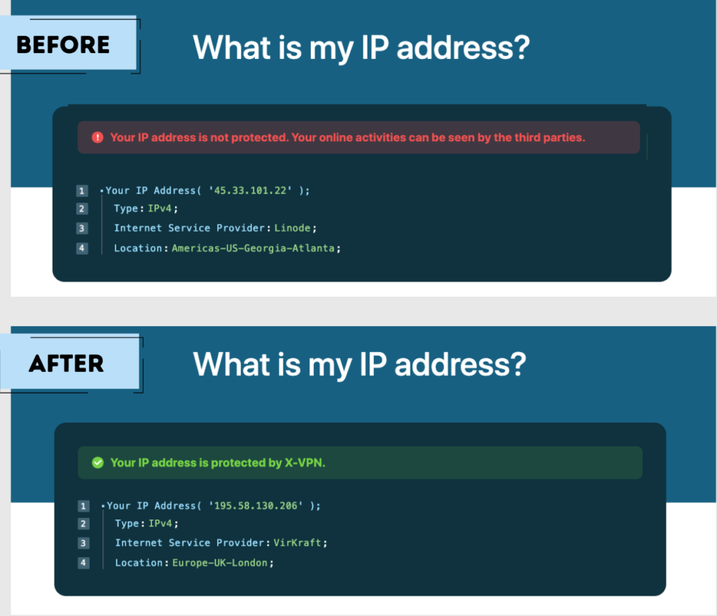 Checking the IP address change to confirm that the VPN tunnel is active