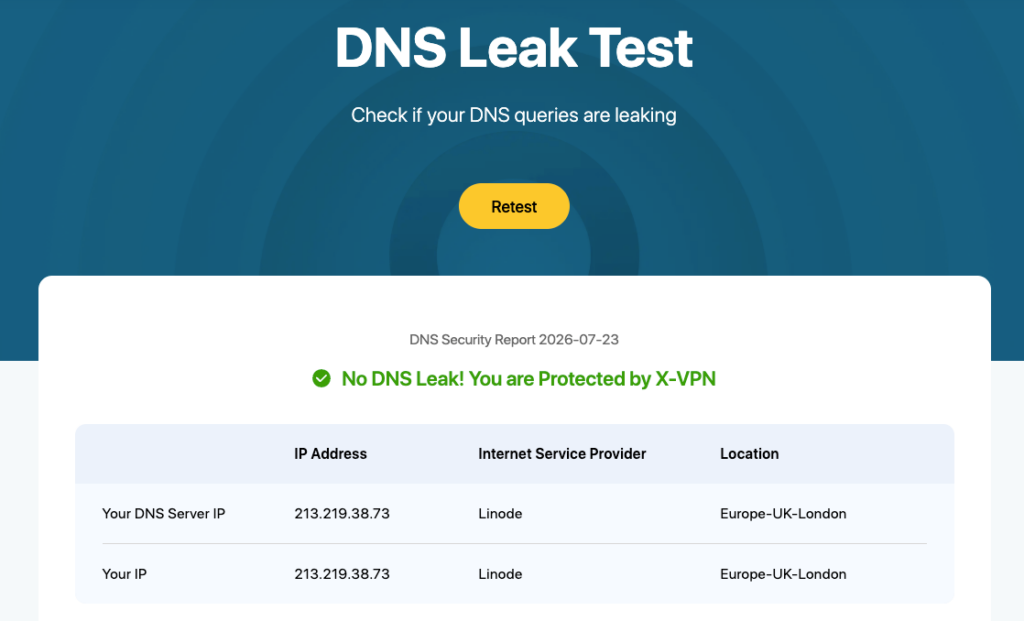 Checking for DNS leaks to verify the VPN tunnel.