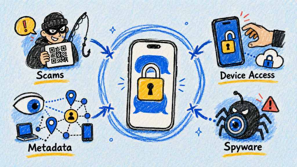 Four messaging app risks: scams, device leaks, metadata tracking, and spyware.