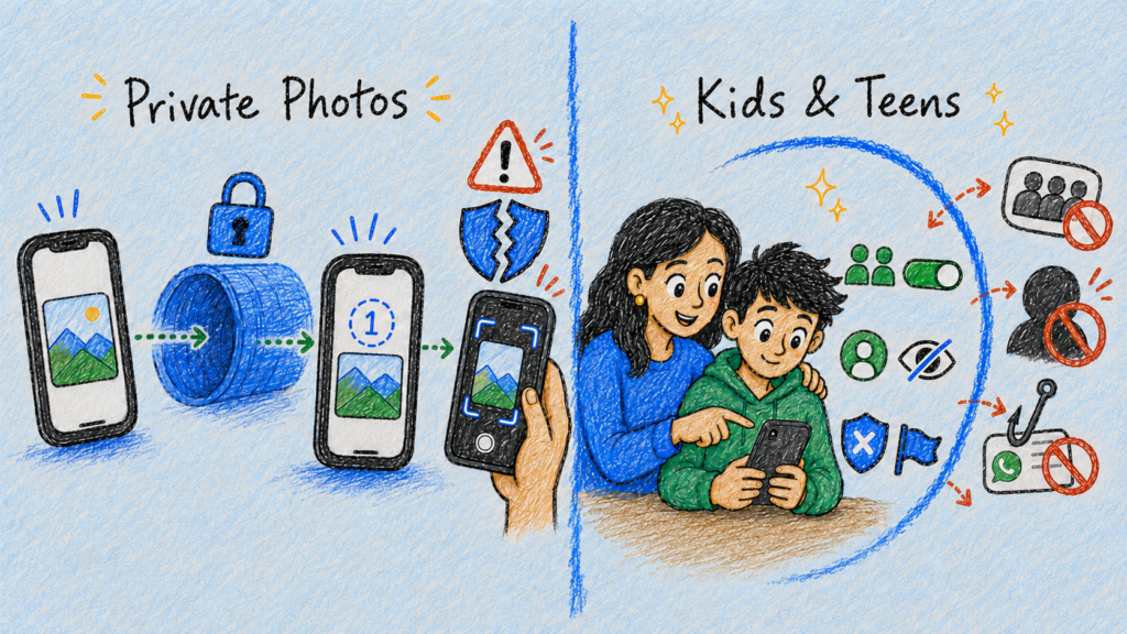 Illustration of a young WhatsApp user exposed to online risks, showing why parental supervision is important.
