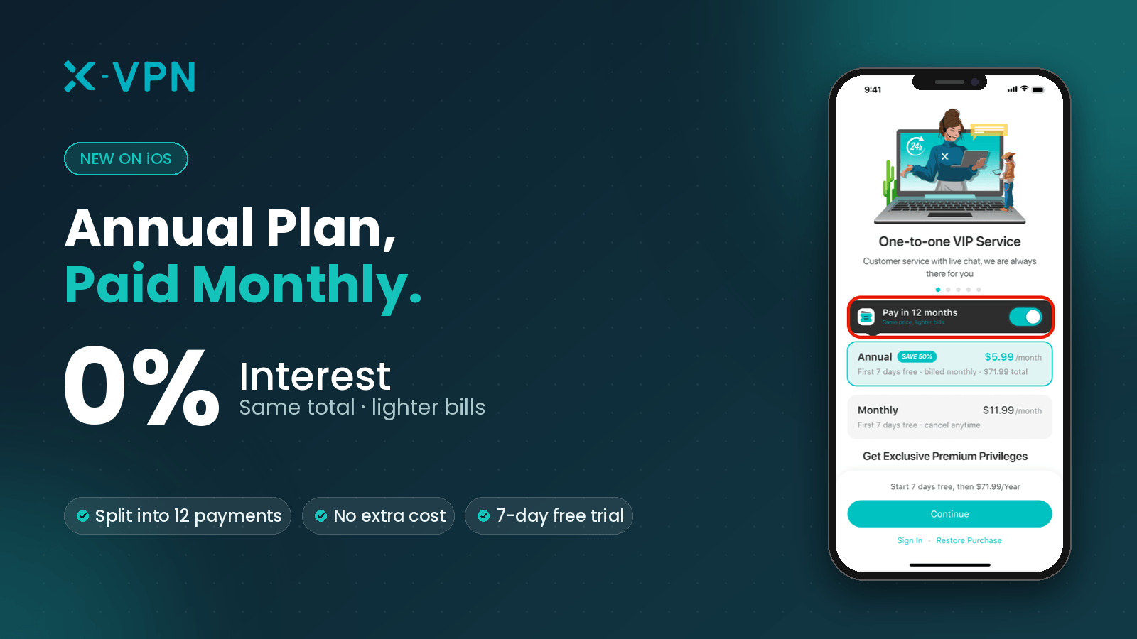 X-VPN Supports "Annual Plan, Paid Monthly" at 0% Interest on iOS!