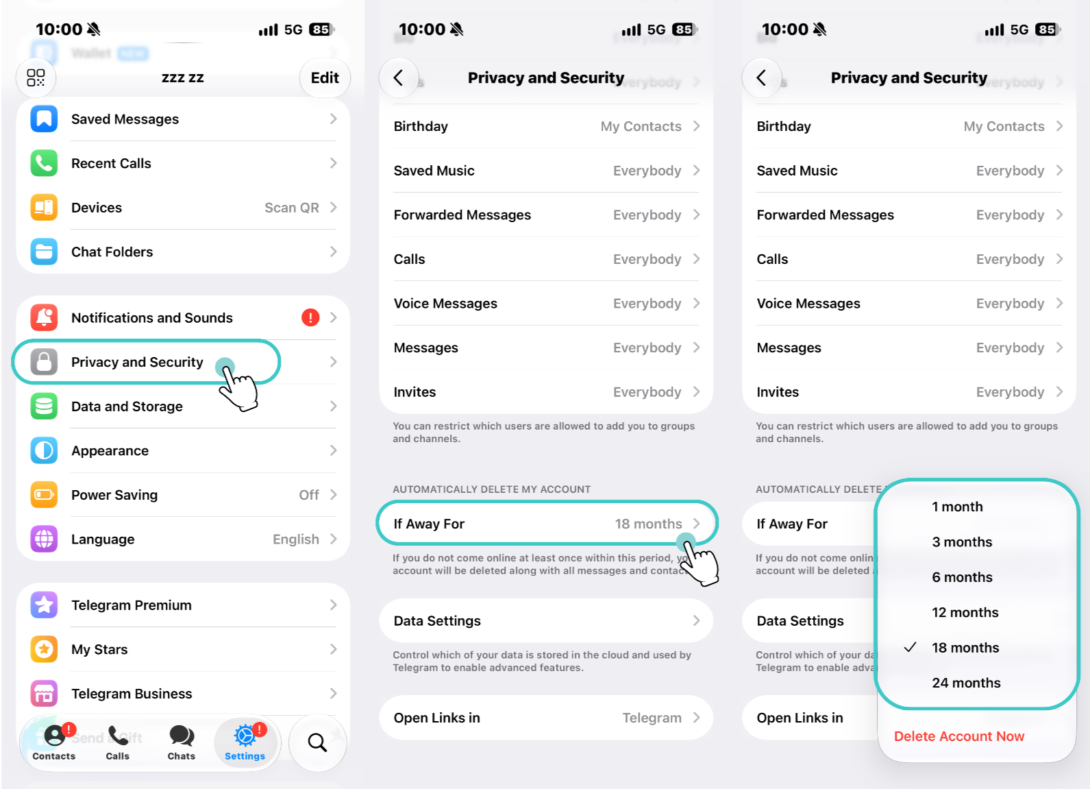 Settings → Privacy and Security → If away for…