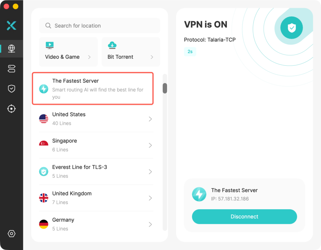 use X-VPN’s “The Fastest Server” option