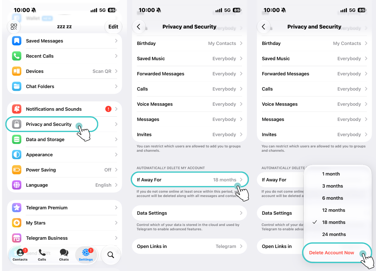 Go to Settings → Privacy and Security → If Away For → Delete Account Now