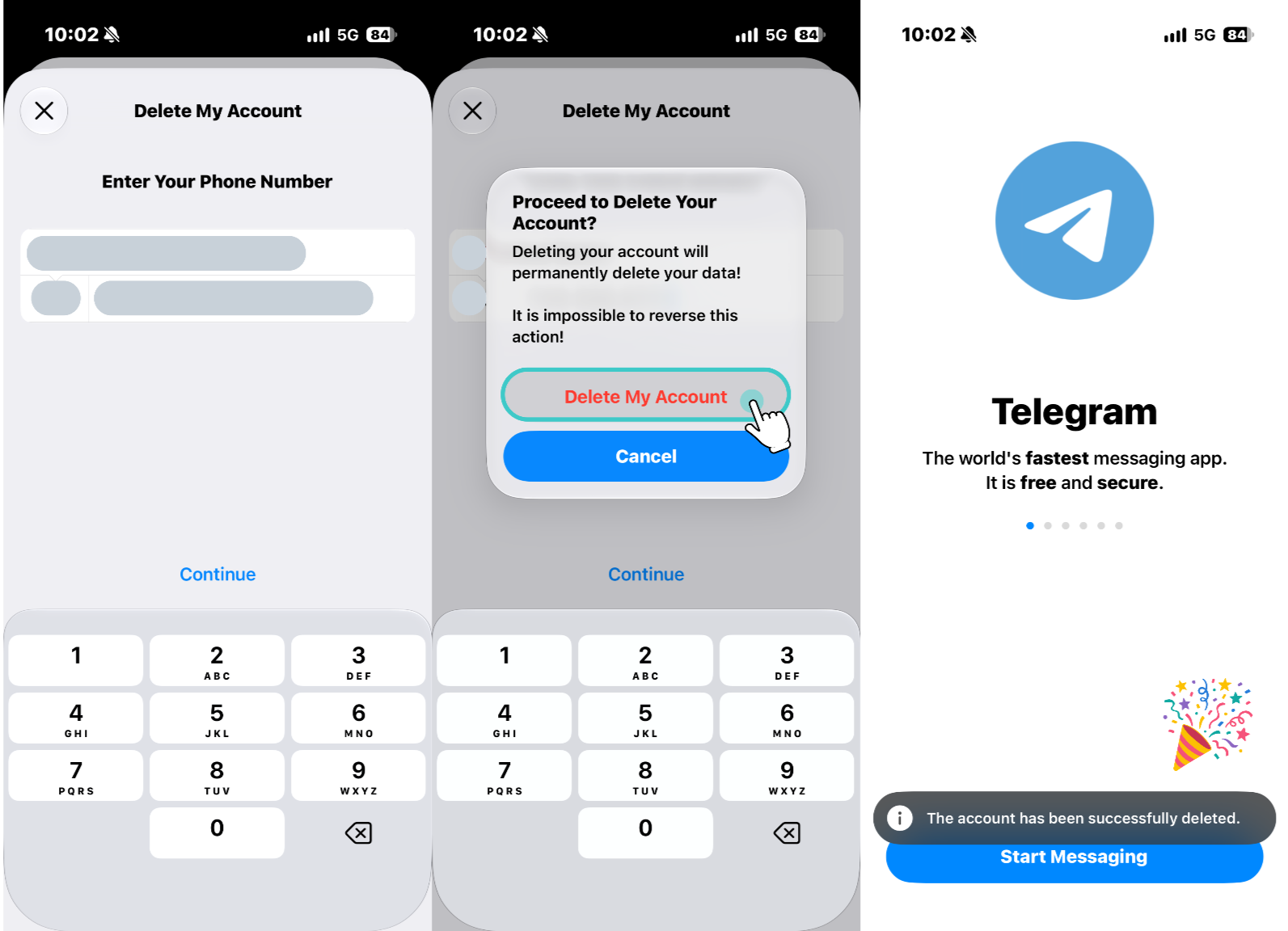 Re-enter the phone number linked to the Telegram account → Delete My Account